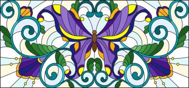 Vitray tarz ile parlak kelebek ve çiçek süsleme hafif bir arka plan üzerinde resimde
