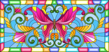 Vitray tarz ile parlak kelebek ve çiçek süsleme bir çerçeve içinde mavi bir arka plan üzerinde resimde 