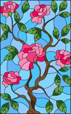 Çizimde vitray tarzı çiçek mavi bir arka plan üzerinde pembe Gül