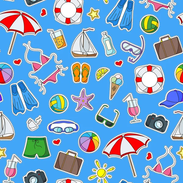 Patrón sin costuras sobre el tema de las vacaciones de verano en los países calientes, simples iconos de color parches sobre un fondo azul — Vector de stock