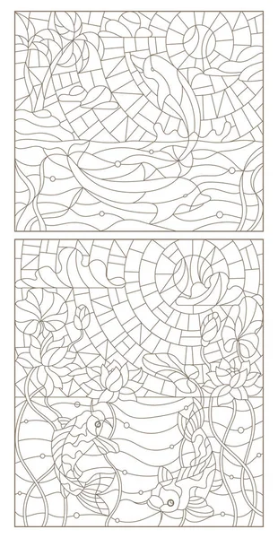 Set contour illustraties van gebrandschilderd glas met vissen, dolfijnen en vissen karper — Stockvector