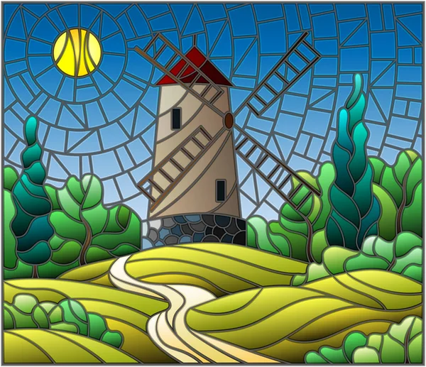 The image in the stained glass style landscape with a  windmill on a background of sky and sun — Stock Vector