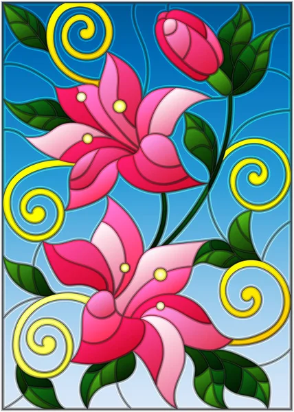 Ilustración en estilo vitral con flores y hojas de lirios — Vector de stock