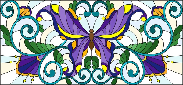 Illustration en style vitrail avec papillon lumineux et ornement floral sur un fond clair — Image vectorielle