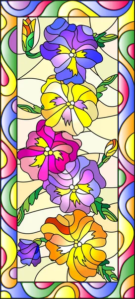 Illustration in stained glass style with flowers, buds and leaves of pansy,vertical orientation — Stock Vector