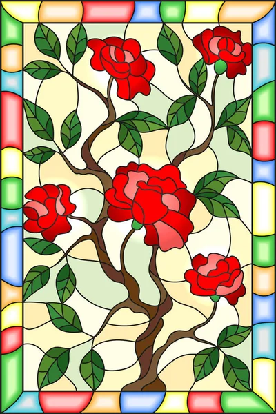 Ilustración en estilo vidriera flor de rosa roja sobre un fondo claro en un marco brillante — Archivo Imágenes Vectoriales