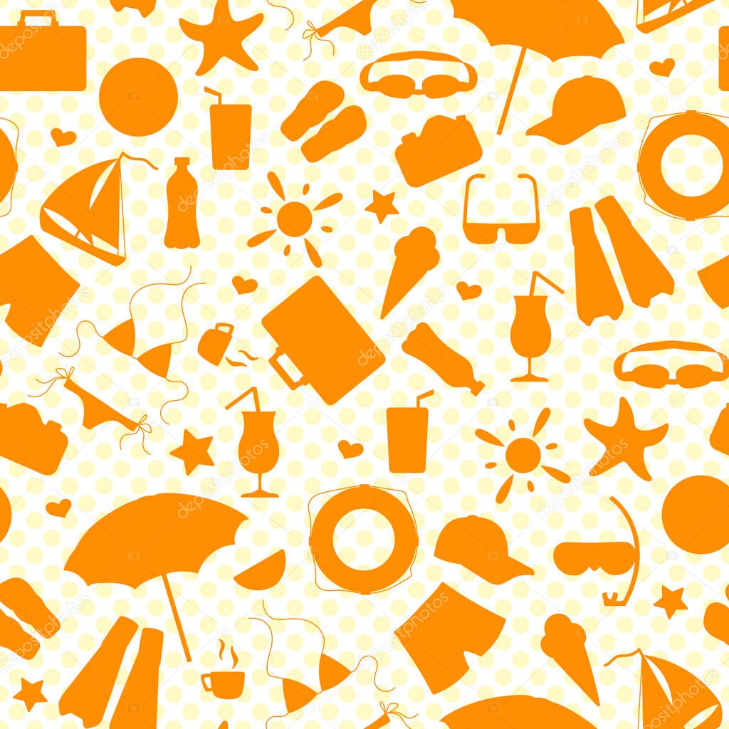 Seamless pattern on the theme of summer holidays in hot countries, the orange outlines of the icons on the background polka dot