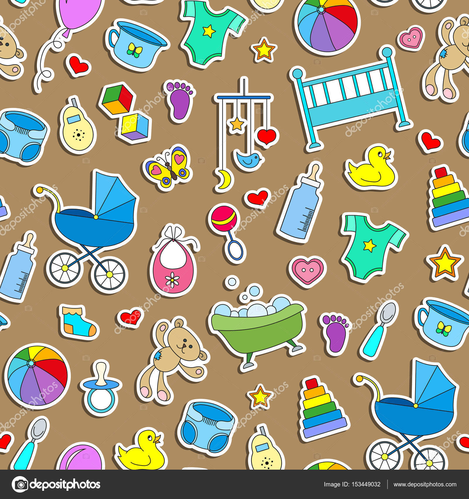 Seamless pattern on the theme of childhood and newborn babies, baby accessories and toys, simple color stickers icons on brown background Stock Vector Image by ©Zagory #153449032 Seamless pattern on the theme of childhood and newborn babies, baby accessories and toys, simple color stickers icons on brown background Stock Vector Image by ©Zagory #153449032