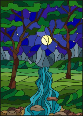 Illustration in stained glass style with a rocky Creek in the background of the starry sky, mountains, trees and fields clipart