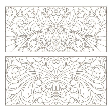 Vitray soyut swirls, çiçekler ve kelebekler, yatay yönlendirme ile kontur çizimleri ayarla