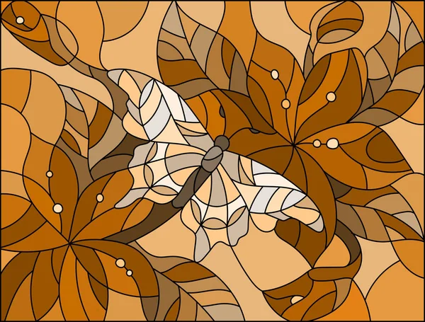 İllüstrasyon kelebek gökyüzü, yapraklar ve çiçekler ile vitray tarzında kahverengi sesi, Sepya — Stok Vektör