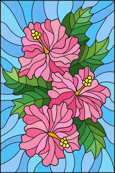 Ilustración en estilo vitral con flores y hojas de hibisco sobre fondo azul — Archivo Imágenes Vectoriales