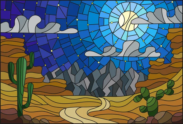 Η εικόνα στο λεκιασμένο γυαλί στυλ ζωγραφικής με το τοπίο της ερήμου, κάκτων σε ένα lbackground των αμμόλοφων, έναστρο ουρανό και φεγγάρι — Διανυσματικό Αρχείο