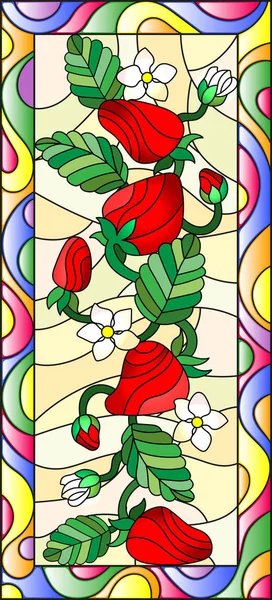 Απεικόνιση σε στυλ Βιτρώ με λουλούδια, μούρα και τα φύλλα της φράουλας σε ένα φωτεινό πλαίσιο, κατακόρυφο προσανατολισμό — Διανυσματικό Αρχείο