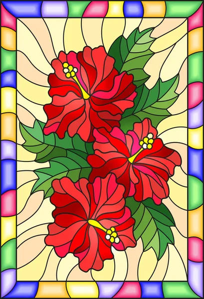 Illustration im Glasmalereistil mit Blüten und Blättern des Hibiskus auf gelbem Hintergrund mit hellem Rahmen — Stockvektor