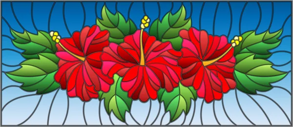 Illusztráció festett üveg stílus virágok és levelek hibiszkusz kék alapon — Stock Vector