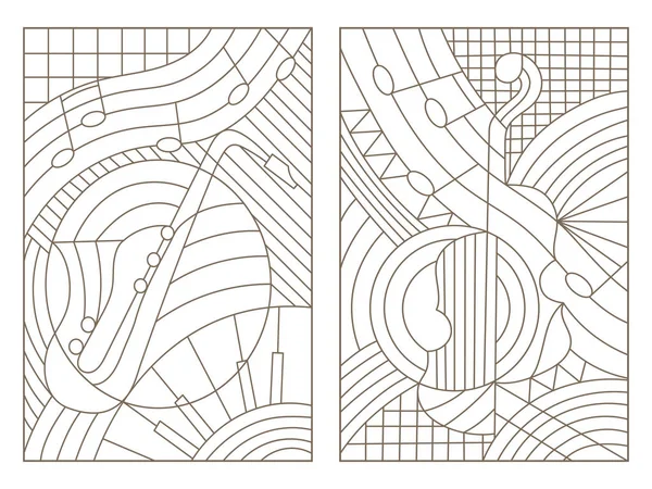 음악 추상 바이올린 및 색소폰의 테마에 스테인드 글라스 윈도의 윤곽 그림을 설정 — 스톡 벡터