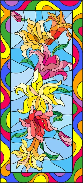 Illustration en vitrail avec fleurs, bourgeons et feuilles de Lys, orientation verticale — Image vectorielle