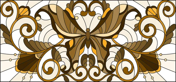 Иллюстрация в витражном стиле с бабочкой и цветочным орнаментом, коричневым тоном, сепией — стоковый вектор