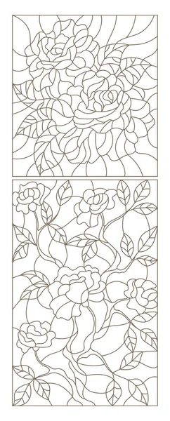 Установите контурные иллюстрации в стиле витража с цветочным узором из роз, темные контуры на белом фоне — стоковый вектор