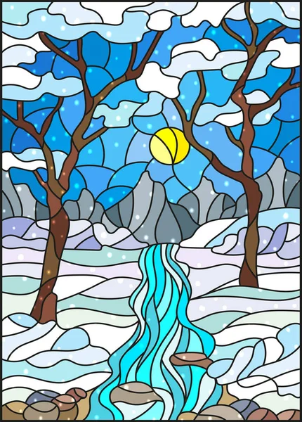 Ілюстрація у вітражному стилі з замерзлим Крік на фоні неба, снігові гори, дерева та поля — стоковий вектор