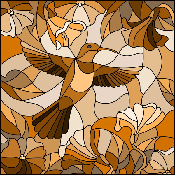 Ilustracja w stylu witrażu z Koliber na tle nieba, zieleń i kwiaty — Wektor stockowy