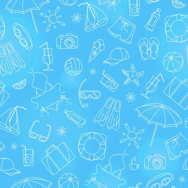 Modello senza soluzione di continuità sul tema delle vacanze estive nei paesi caldi, semplici icone di contorno bianco su sfondo blu — Vettoriale Stock