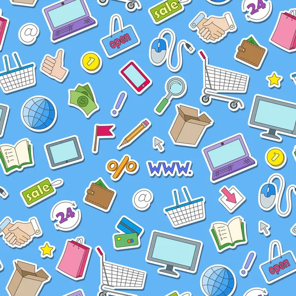 Patrón sin costuras en el tema de las compras en línea y tiendas de Internet, iconos de pegatinas de colores sobre fondo azul — Vector de stock