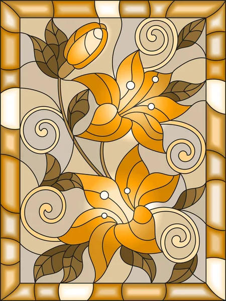Illustrazione in stile vetrate con fiori e foglie di gigli, tono marrone, seppia — Vettoriale Stock
