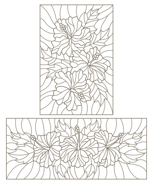 Definir ilustrações de contorno no estilo vitral com padrão floral de hibisco, contorno escuro em um fundo branco — Vetor de Stock