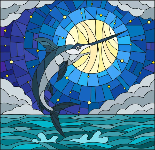 Ilustración en estilo vitral con un pez espada sobre el fondo de agua, nube, cielo, estrella y luna — Vector de stock