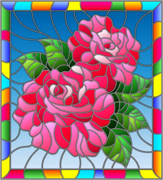 Ilustración en estilo vitral con flores y hojas de rosa sobre fondo azul en un marco brillante — Vector de stock