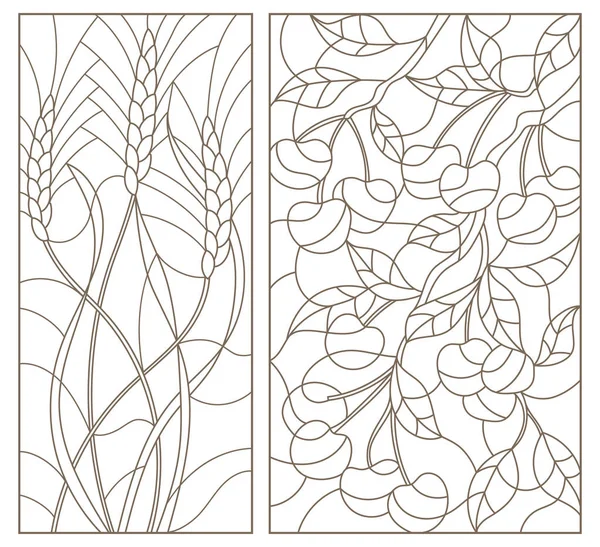 Установите контурные иллюстрации витражей из колосьев зерновых и ветви вишни — стоковый вектор