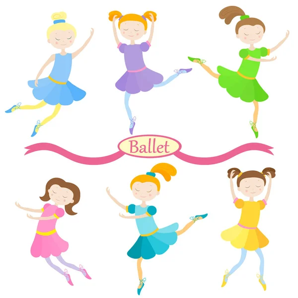 Conjunto de bonitos desenhos animados meninas de bailarinos de balé em diferentes poses — Vetor de Stock