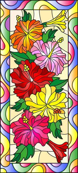 Illustration in stained glass style with flowers  and leaves of  hibiscus in a bright frame,vertical orientation — Stock Vector