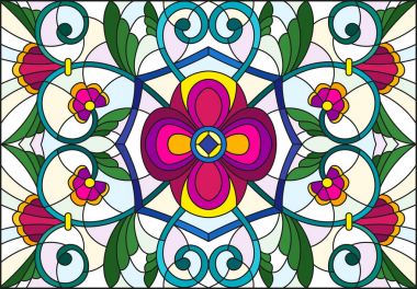 İllüstrasyon soyut swirls, vitray tarzında çiçekler ve hafif bir arka plan üzerinde yatay yönlendirme bırakır