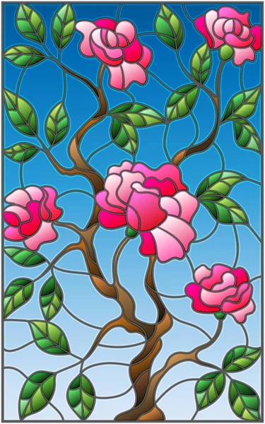 Ilustración en estilo vidriera flor de rosa sobre fondo azul — Archivo Imágenes Vectoriales