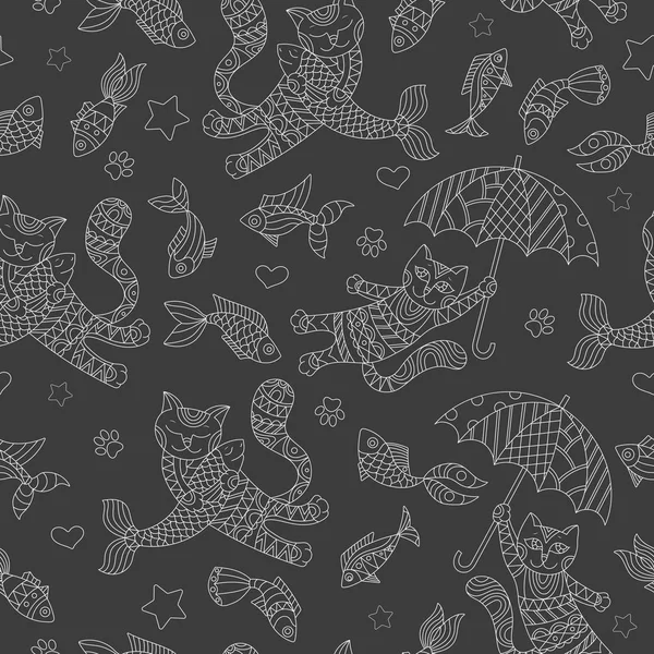 Seamless pattern with funny cats and fish, a light contour figures on a dark background — Stock Vector