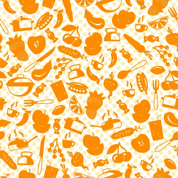Бесшовный узор с простыми иконками на тематической кухне аксессуары и продукты питания, оранжевые силуэты икон на светлом фоне горошек точка — стоковый вектор