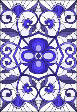 İllüstrasyon soyut swirls, vitray tarzında çiçekler ve hafif bir arka plan üzerinde dikey yönlendirme gama mavi yaprakları