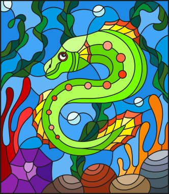 İllüstrasyon soyut renkli egzotik balık deniz yosunu, mercan ve kabukları ile vitray tarzında