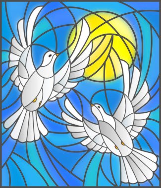 Vitray stilini ve arka plan üzerinde beyaz güvercin çifti ile çizimde gündüz gökyüzü ve bulutlar