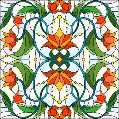 İllüstrasyon soyut swirls, vitray tarzında çiçekler ve hafif bir arka plan üzerinde bırakır