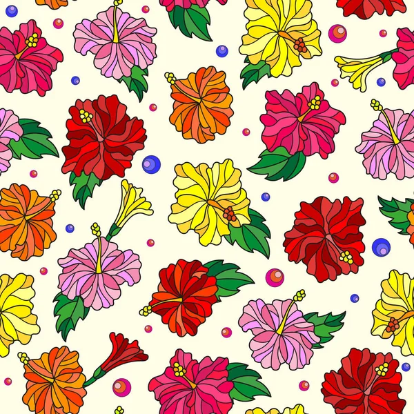 Patrón sin costuras con flores de primavera en estilo vidriera, flores, brotes y hojas de hibisco sobre un fondo claro — Vector de stock