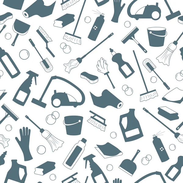 Padrão sem costura sobre o tema de limpeza e equipamentos domésticos e produtos de limpeza, uma silhuetas cinzentas de ícones em um fundo leve — Vetor de Stock