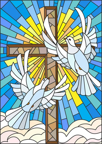 십자가와 스테인드 글라스 스타일에 흰 비둘기의 쌍 그림 — 스톡 벡터