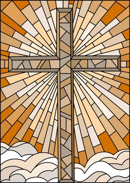 Ilustración en estilo vidriera con la cruz cristiana sobre un fondo de cielo y nubes, tono marrón, Sepia — Archivo Imágenes Vectoriales