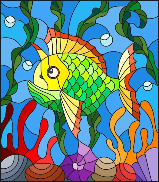 Illustration en vitrail avec des poissons exotiques colorés abstraits au milieu d'algues, de coraux et de coquillages — Image vectorielle