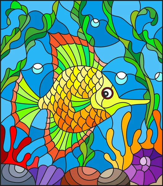 Ilustración en estilo vitral con peces exóticos coloridos abstractos en medio de algas marinas, coral y conchas — Vector de stock