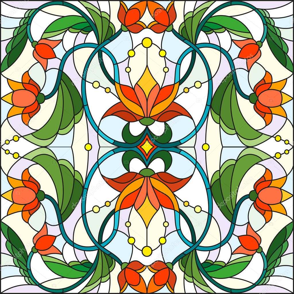 Illustration in stained glass style with abstract  swirls,flowers and leaves  on a light background